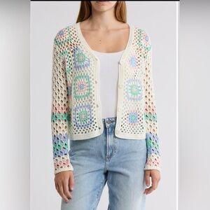 Cotton Emporium Crochet Squares Button Front Cardigan Sweater Floral NWT S White